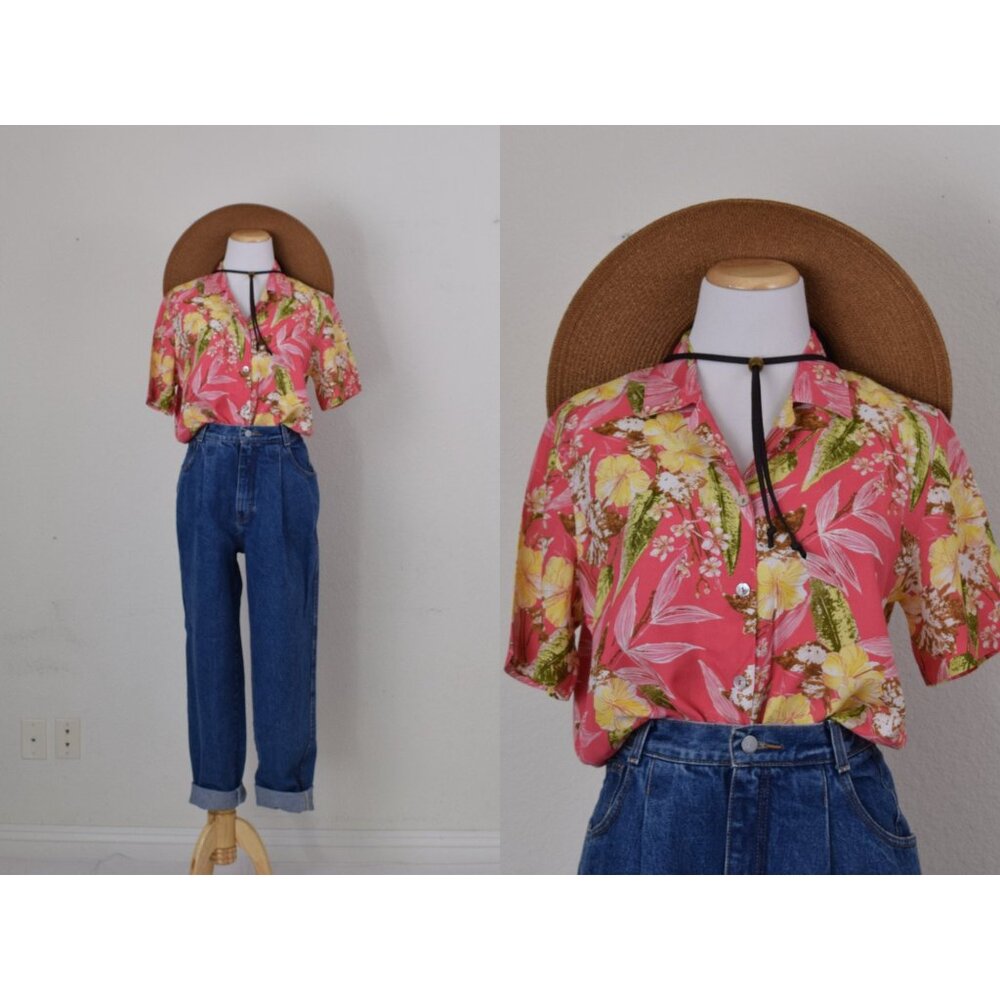 Vintage Pink Floral Rayon 1980s Button Down Blouse size M